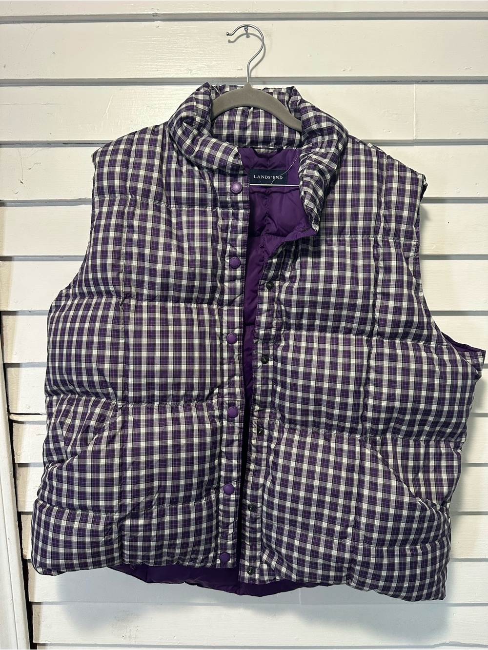 Lands' End Purple and White Plaid Quilted Puffer Vest